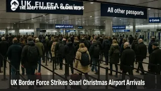 Passengers queue at London Heathrow passport control as UK Border Force strikes slow Christmas airport arrivals and increase missed connection risk.