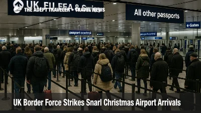 Passengers queue at London Heathrow passport control as UK Border Force strikes slow Christmas airport arrivals and increase missed connection risk.