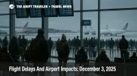 Travelers watch delayed departures at Chicago O'Hare as US flight delays December 3 2025 build during a snowy winter storm day