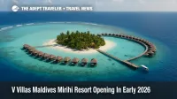 Aerial view of V Villas Maldives Mirihi resort opening site on Mirihi Island, with jetties, overwater villas, and a shallow turquoise lagoon in South Ari Atoll.