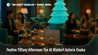 Guests enjoy Waldorf Astoria Osaka Tiffany afternoon tea in Peacock Alley beside a Tiffany Blue Christmas tree during the winter 2025 season