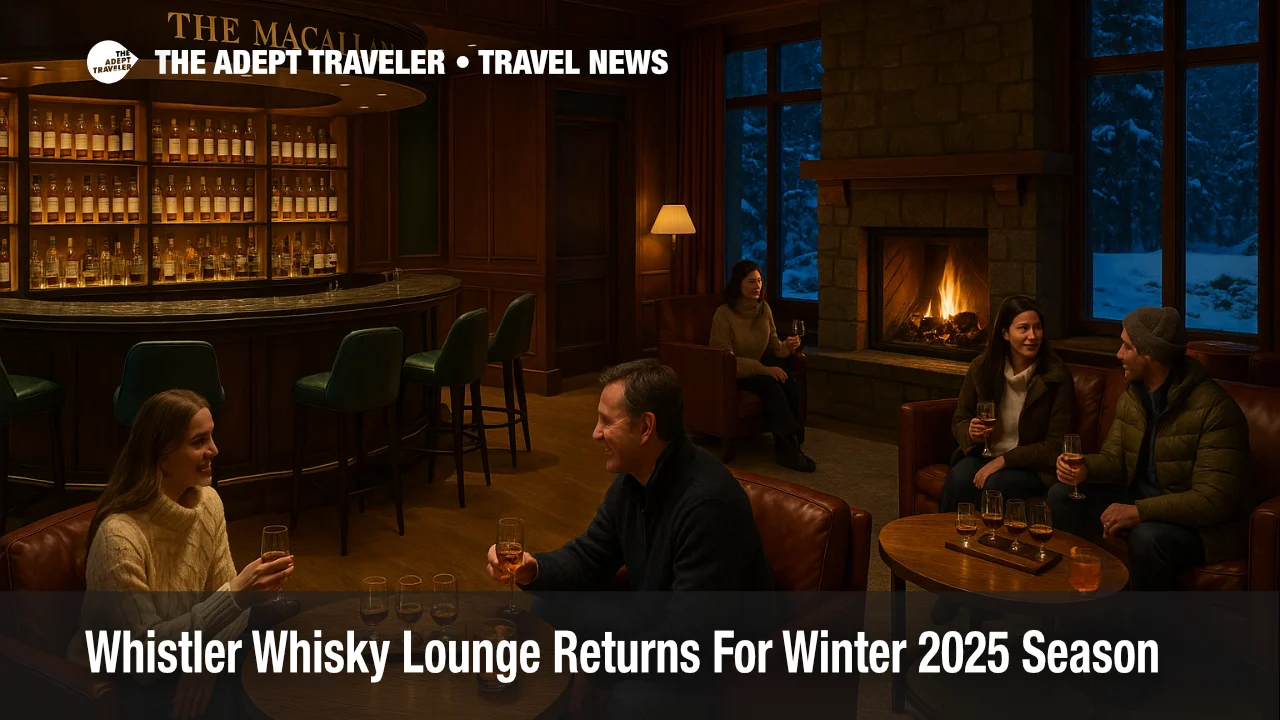 Cozy Whistler whisky lounge winter 2025 scene at Four Seasons Whistler, with guests sipping Macallan flights by the fireplace after a day on the slopes