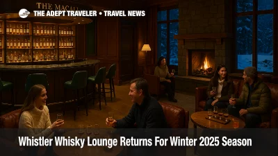 Cozy Whistler whisky lounge winter 2025 scene at Four Seasons Whistler, with guests sipping Macallan flights by the fireplace after a day on the slopes