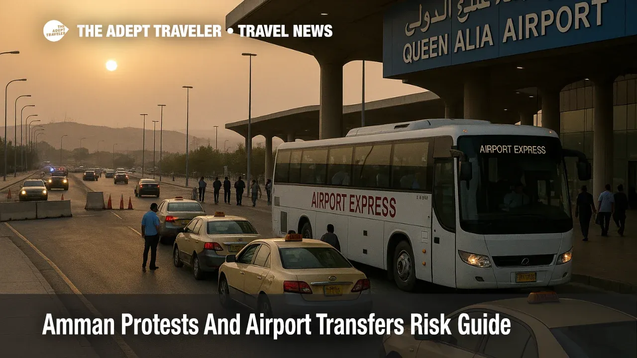 Airport express bus and taxis outside Queen Alia Airport as Amman protests airport transfers face delays from visible checkpoints and traffic