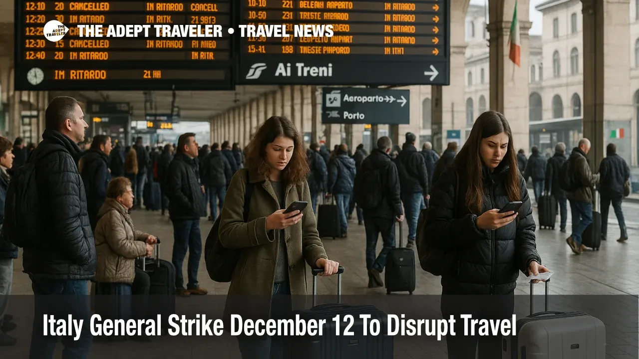 Italian travelers in a busy rail station face delays during the Italy general strike December 12 travel disruption.