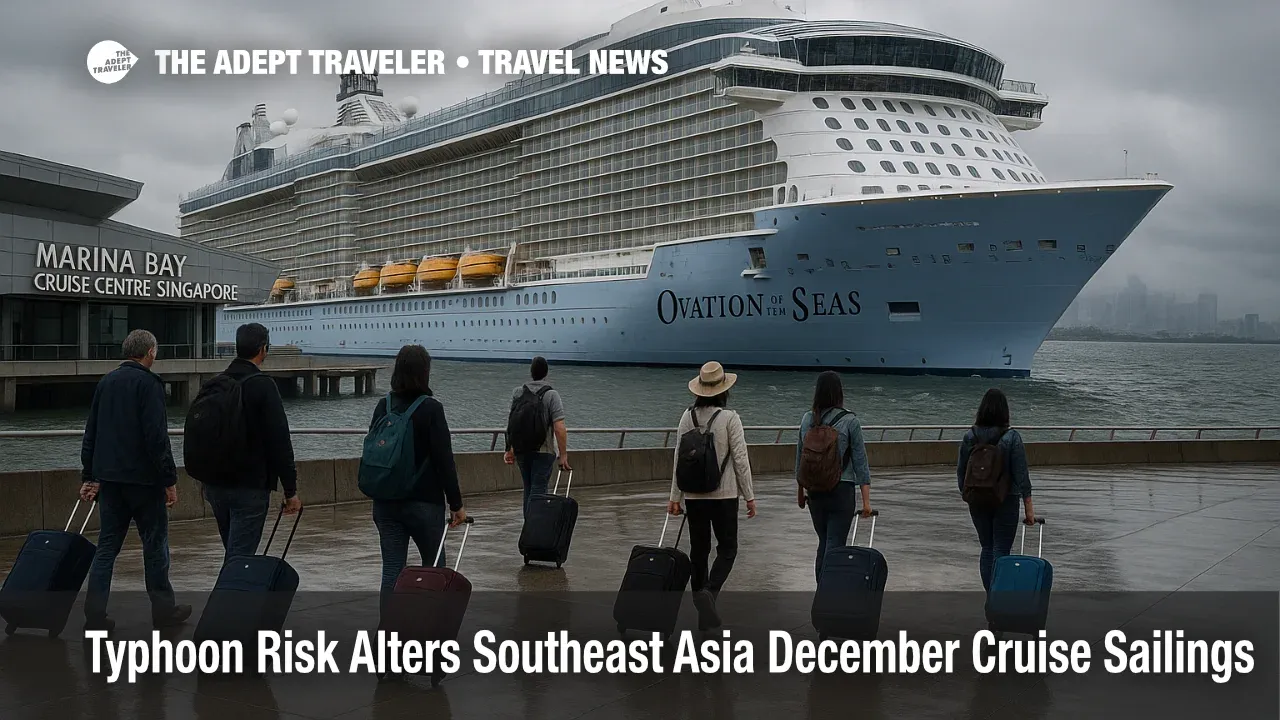 Passengers at Marina Bay Cruise Centre amid a Southeast Asia cruise typhoon itinerary change that replaces Penang by sea days