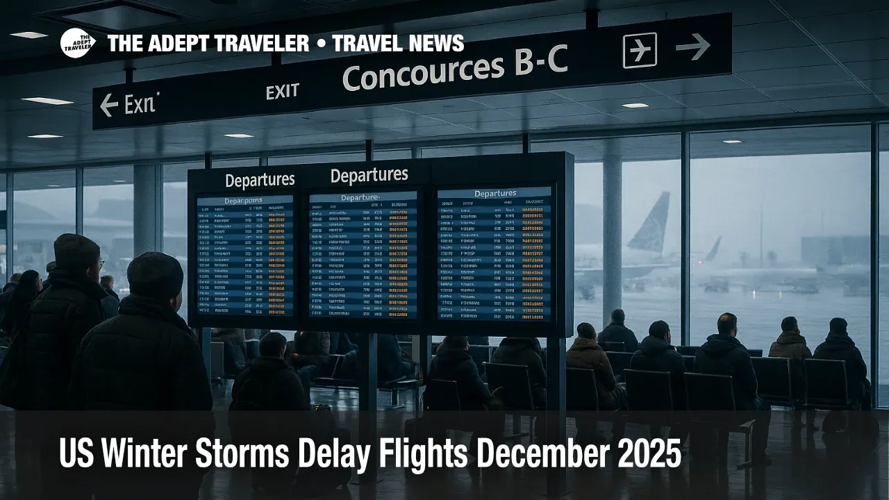 Travelers watch departure boards in a Chicago O'Hare concourse as US winter storms flight delays December 2025 disrupt departures across major hubs