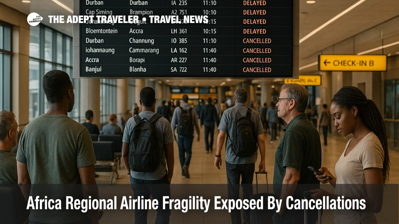 Travelers watch departure boards at O. R. Tambo as Africa regional airline fragility leads to West Africa flight cancellations and missed regional connections.
