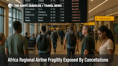 Travelers watch departure boards at O. R. Tambo as Africa regional airline fragility leads to West Africa flight cancellations and missed regional connections.