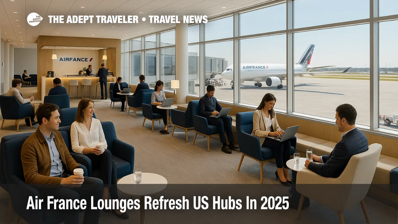Travelers relax in the new Air France US lounge at Chicago O Hare with runway views, showing the upgraded airport lounge experience before flights