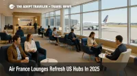 Travelers relax in the new Air France US lounge at Chicago O Hare with runway views, showing the upgraded airport lounge experience before flights