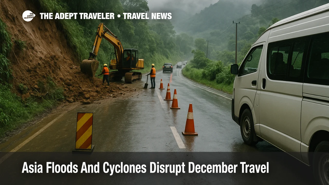 Traffic slowly passes a partially blocked hill road near Kandy as Asia floods travel disruption from Cyclone Ditwah forces careful, delayed journeys