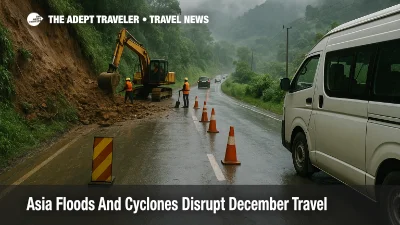 Traffic slowly passes a partially blocked hill road near Kandy as Asia floods travel disruption from Cyclone Ditwah forces careful, delayed journeys