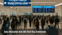Travelers queue at Dubai International Airport immigration as evolving Asia travel advisories and new UAE visit visa extensions shape regional trips