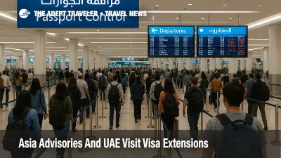 Travelers queue at Dubai International Airport immigration as evolving Asia travel advisories and new UAE visit visa extensions shape regional trips