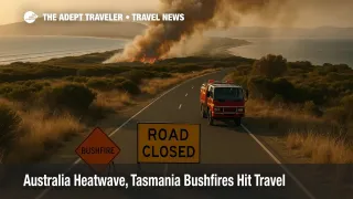 Bushfire smoke and a closed road near Dolphin Sands show Tasmania bushfires travel risks during a severe summer heatwave.