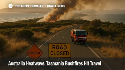 Bushfire smoke and a closed road near Dolphin Sands show Tasmania bushfires travel risks during a severe summer heatwave.