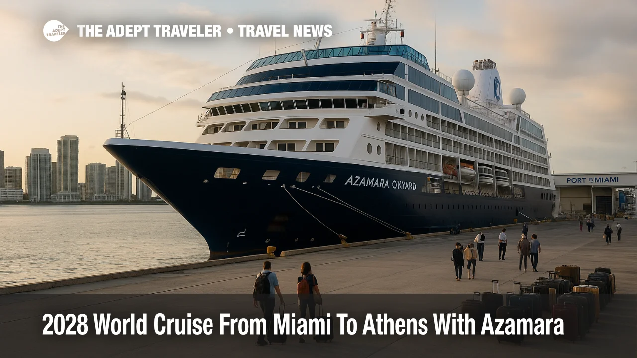Azamara 2028 world cruise ship Azamara Onward at Port of Miami as passengers prepare to board for a 175 night voyage to Athens