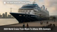 Azamara 2028 world cruise ship Azamara Onward at Port of Miami as passengers prepare to board for a 175 night voyage to Athens