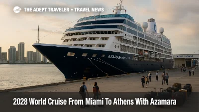 Azamara 2028 world cruise ship Azamara Onward at Port of Miami as passengers prepare to board for a 175 night voyage to Athens