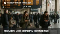 Italian travelers in a busy rail station face delays during the Italy general strike December 12 travel disruption.