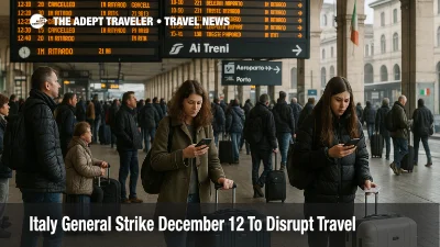 Italian travelers in a busy rail station face delays during the Italy general strike December 12 travel disruption.
