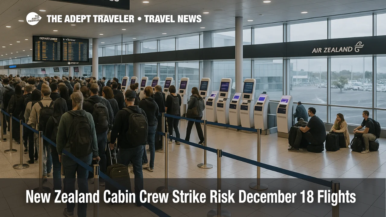 Passengers queue at Auckland Airport during Air New Zealand strike December 18 flights risk affecting short haul departures.