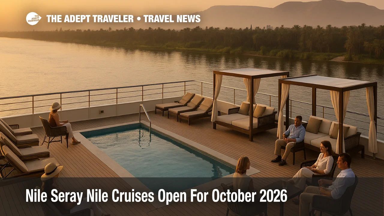 A luxury Nile cruise ship near Luxor at sunset, illustrating Nile Seray Nile cruise bookings for October 2026 itineraries.