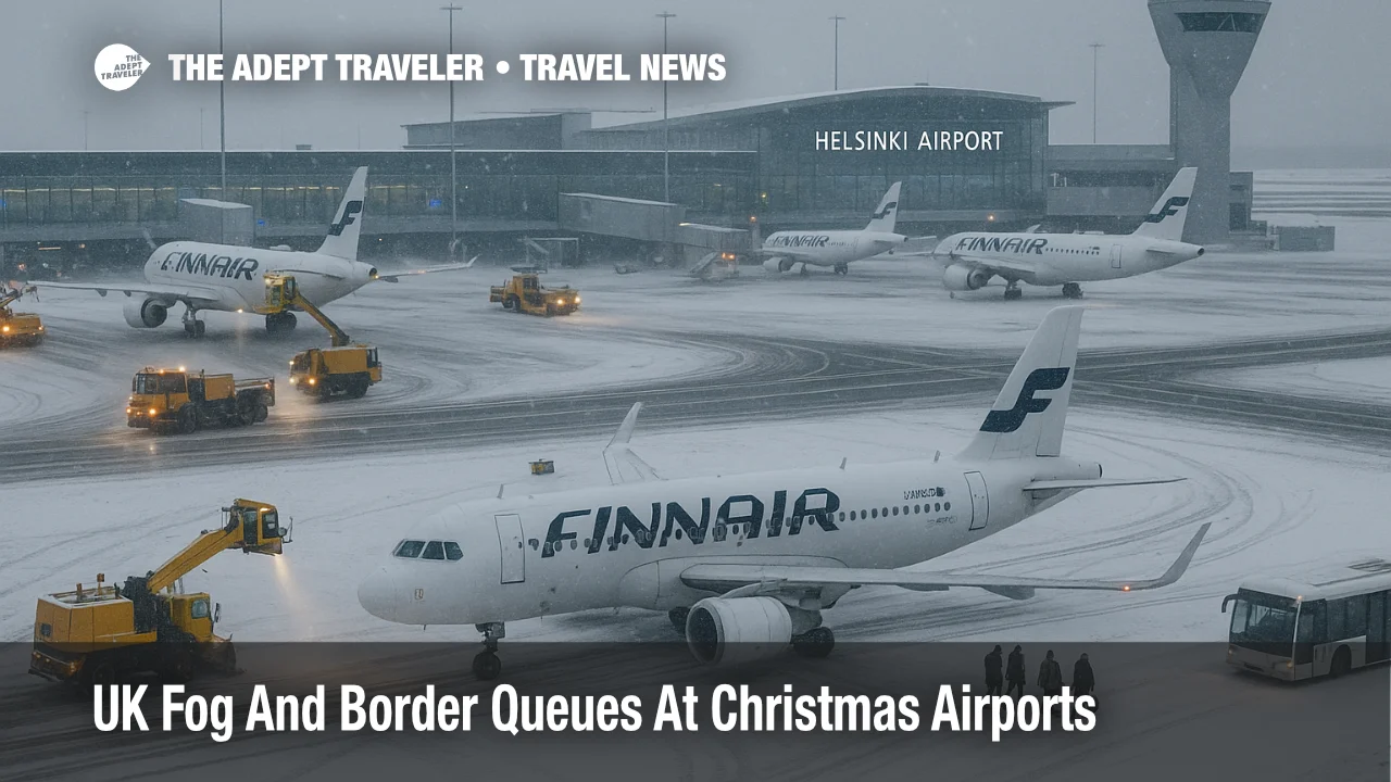 Snow crews clear Helsinki Vantaa Airport as Nordic and Alpine airport delays build from early winter snow and de icing queues in December 2025