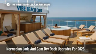 Adults relax in the new Vibe Beach Club on Norwegian Jade after the 2026 dry dock upgrades that add loungers, cabanas, and an expanded sun deck area
