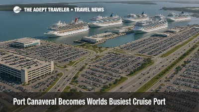 Aerial view of Port Canaveral cruise terminals and parking as the port becomes the worlds busiest cruise port in 2025 with multiple ships alongside