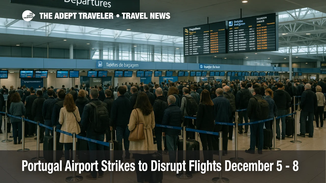 Travelers queue at Lisbon Humberto Delgado during a Portugal airport strike December 2025, with long check in lines and delayed flights visible on the board