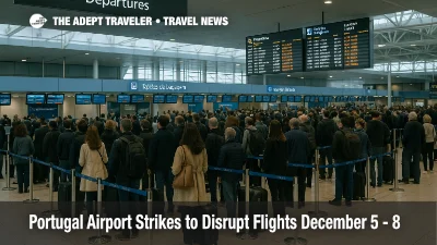 Travelers queue at Lisbon Humberto Delgado during a Portugal airport strike December 2025, with long check in lines and delayed flights visible on the board