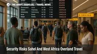 Convoy pauses at a Sahel road checkpoint showing Sahel overland travel security risks on a remote rural highway north of Ouagadougou