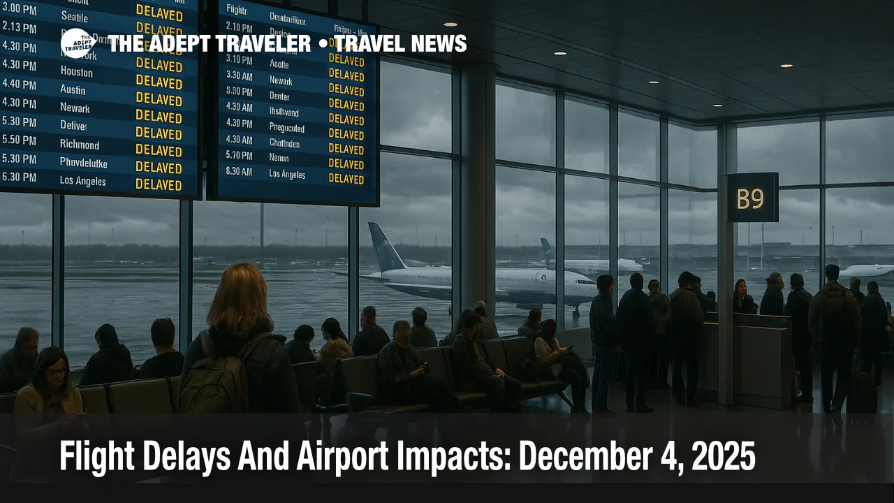US flight delays December 4 2025 crowd Boston Logan departures as strong winds and low clouds slow airport operations and raise misconnect risk for travelers.