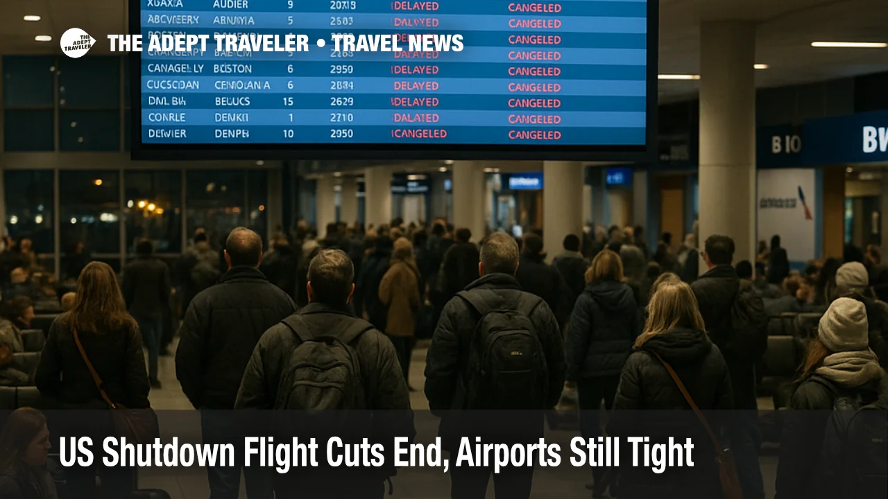 Travelers watch a departures board at Chicago O Hare as US shutdown flight cuts end but winter airport delays continue at the busy hub