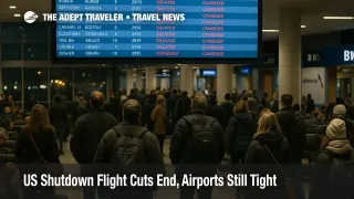 Travelers watch a departures board at Chicago O Hare as US shutdown flight cuts end but winter airport delays continue at the busy hub