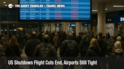 Travelers watch a departures board at Chicago O Hare as US shutdown flight cuts end but winter airport delays continue at the busy hub