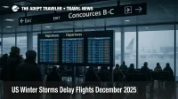 Travelers watch departure boards in a Chicago O'Hare concourse as US winter storms flight delays December 2025 disrupt departures across major hubs