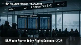 Travelers watch departure boards in a Chicago O'Hare concourse as US winter storms flight delays December 2025 disrupt departures across major hubs