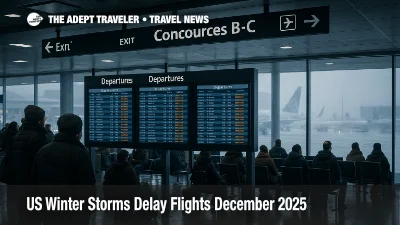 Travelers watch departure boards in a Chicago O'Hare concourse as US winter storms flight delays December 2025 disrupt departures across major hubs