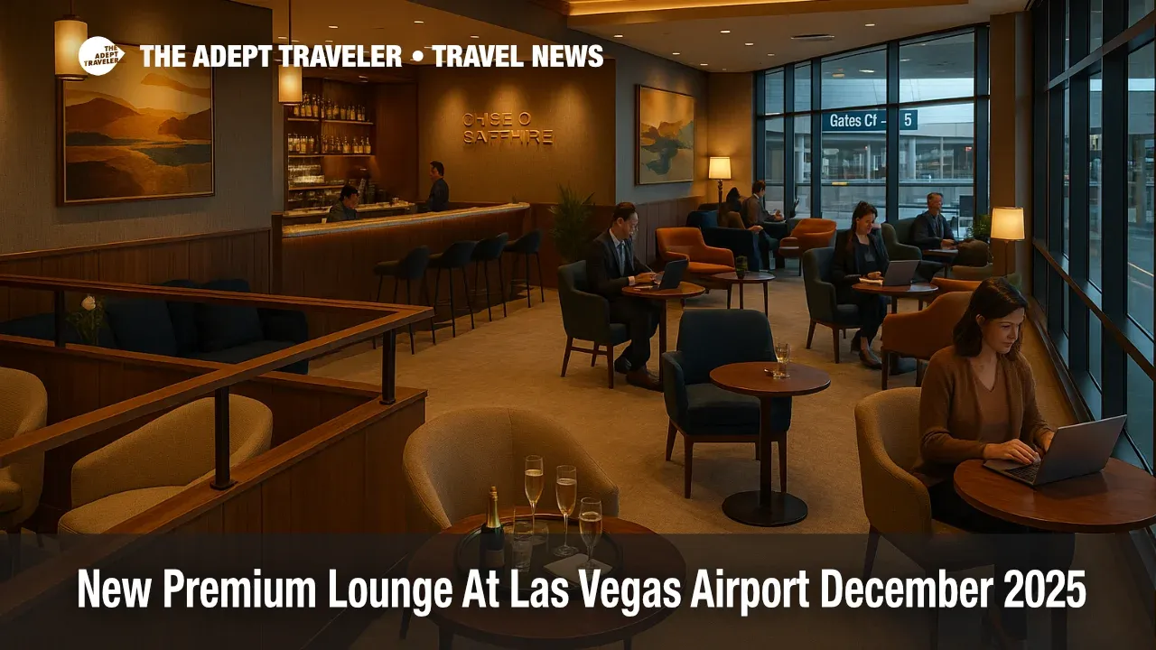 Travelers relax in the Chase Sapphire Lounge Las Vegas with views over the Terminal 1 concourse, using the new premium airport lounge before flights