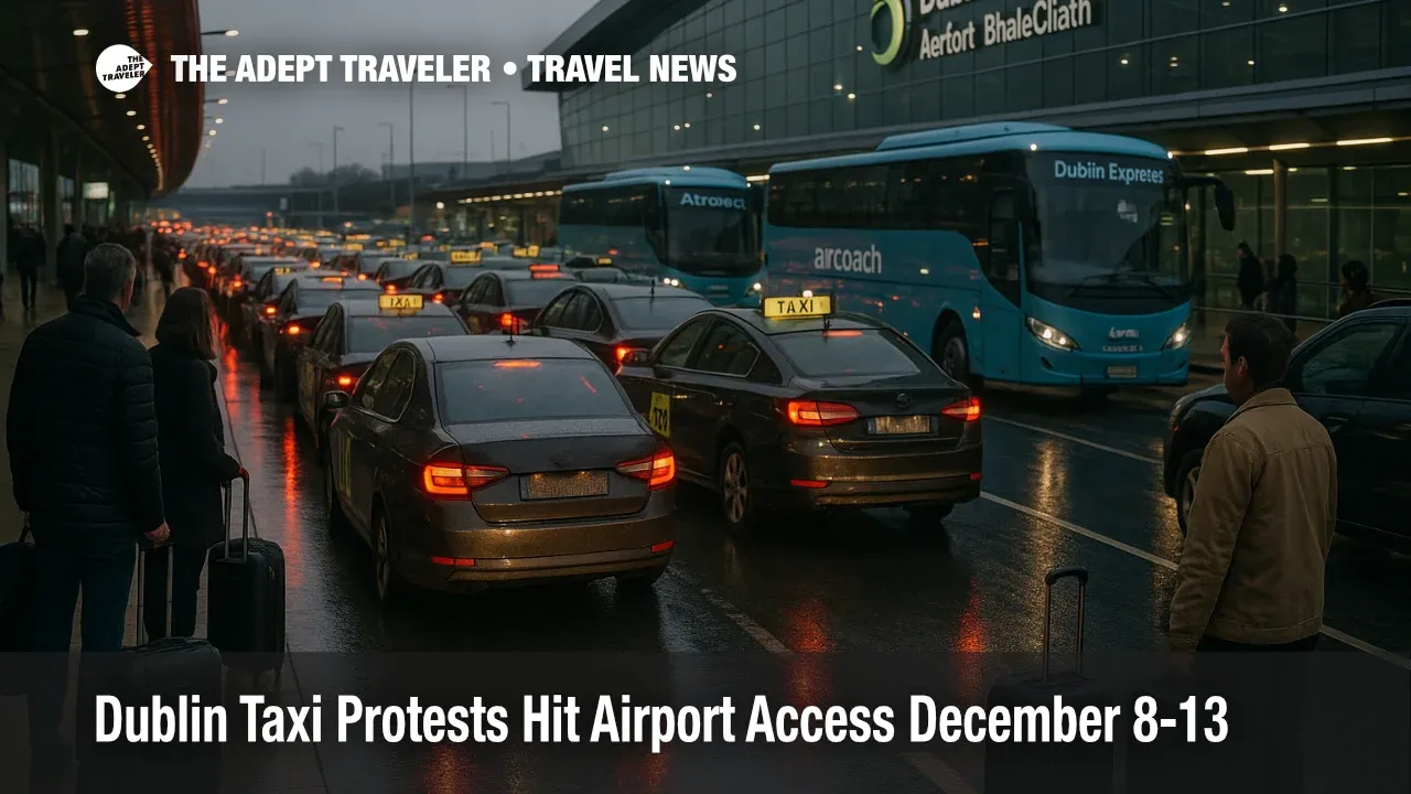 Traffic crawls outside Dublin Airport as Dublin taxi protests airport access delay cars and coaches near the terminal.