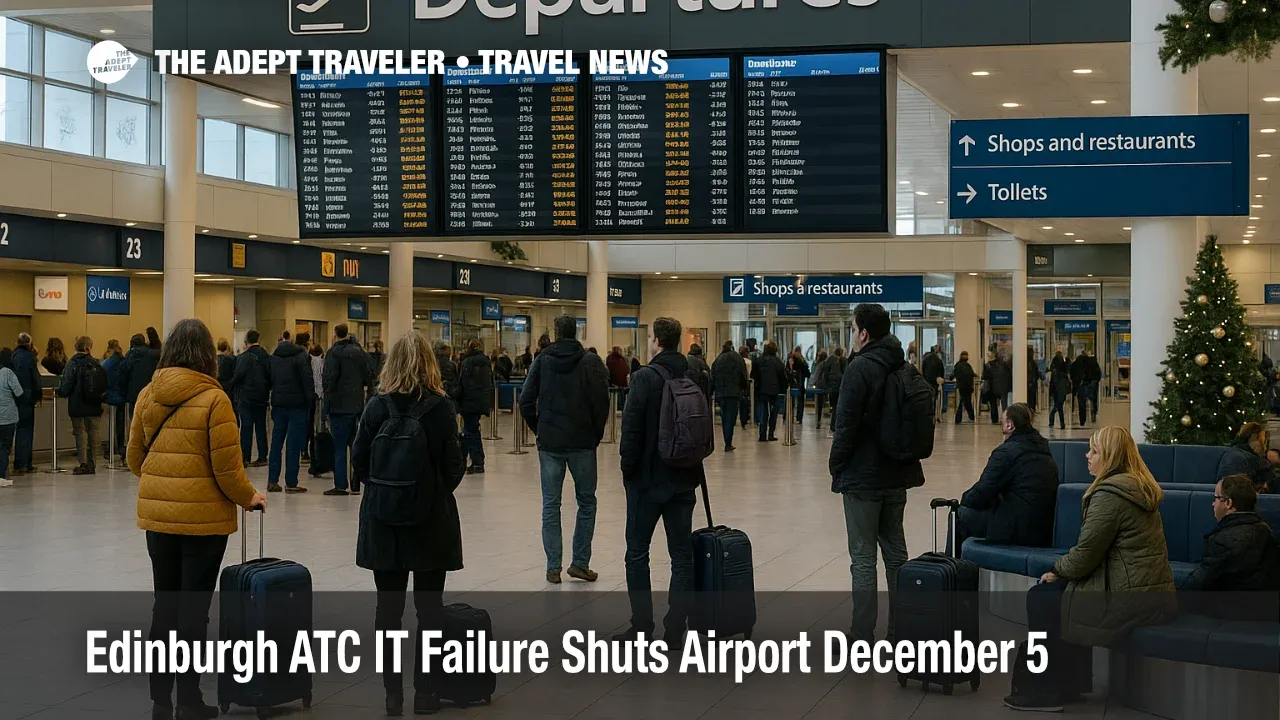 Travelers wait under departure boards at Edinburgh Airport after an IT failure in air traffic control delays flights.
