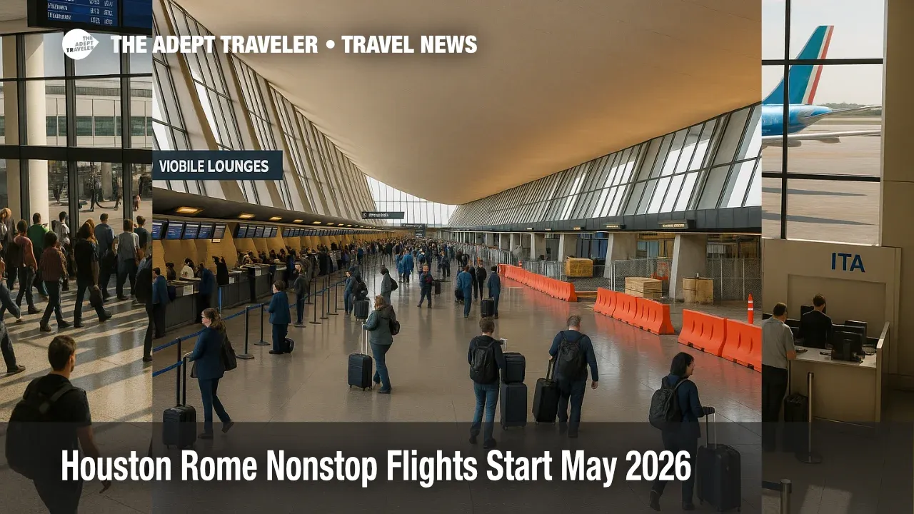 Passengers at Houston airport check in for Houston Rome nonstop flights at ITA Airways counters before departure.
