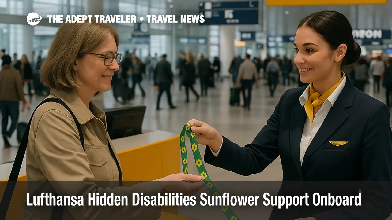 Information desk staff at Munich Airport offer a Hidden Disabilities Sunflower lanyard to a Lufthansa passenger seeking discreet accessibility support