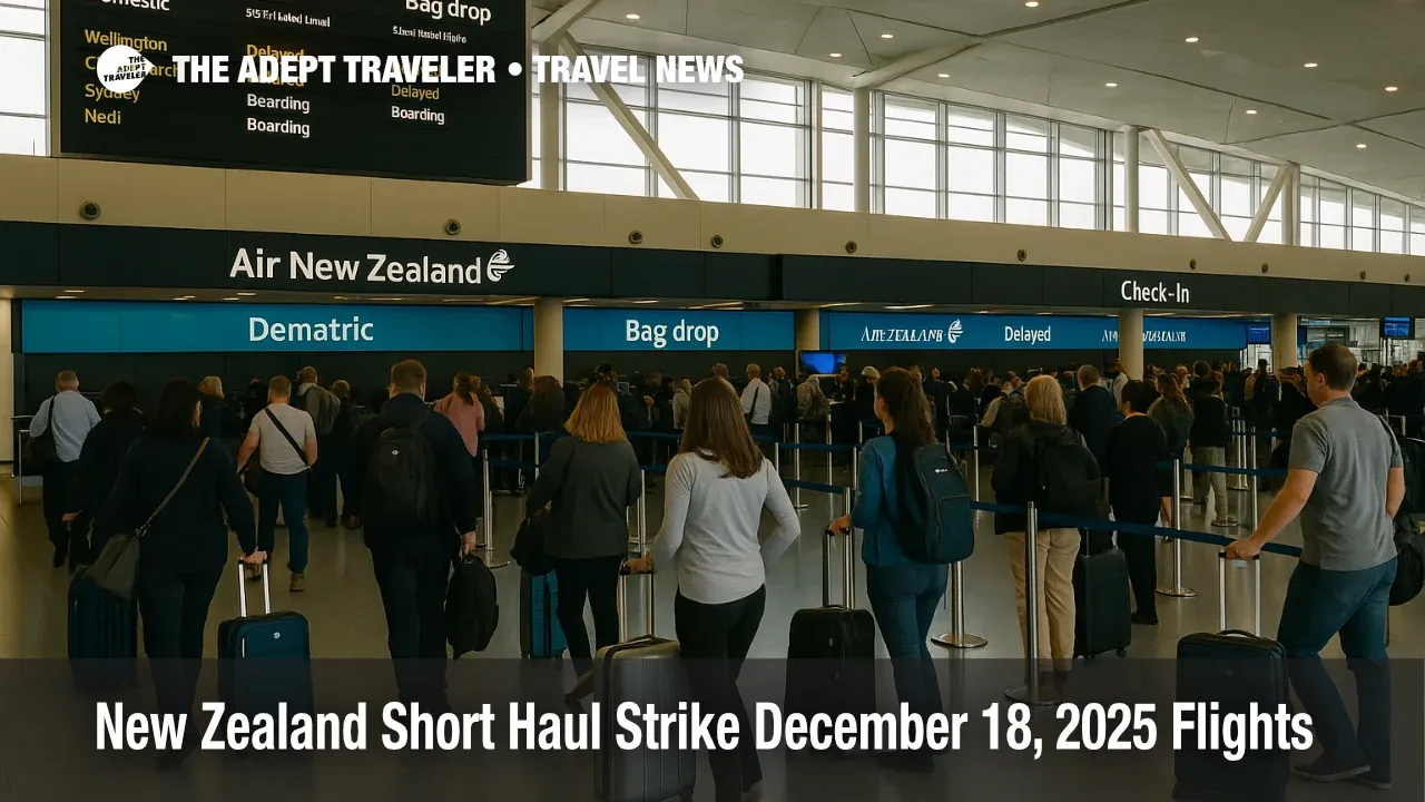 Travelers wait at Auckland Airport check in as New Zealand short haul strike flights risk disrupts Air New Zealand domestic and Tasman departures