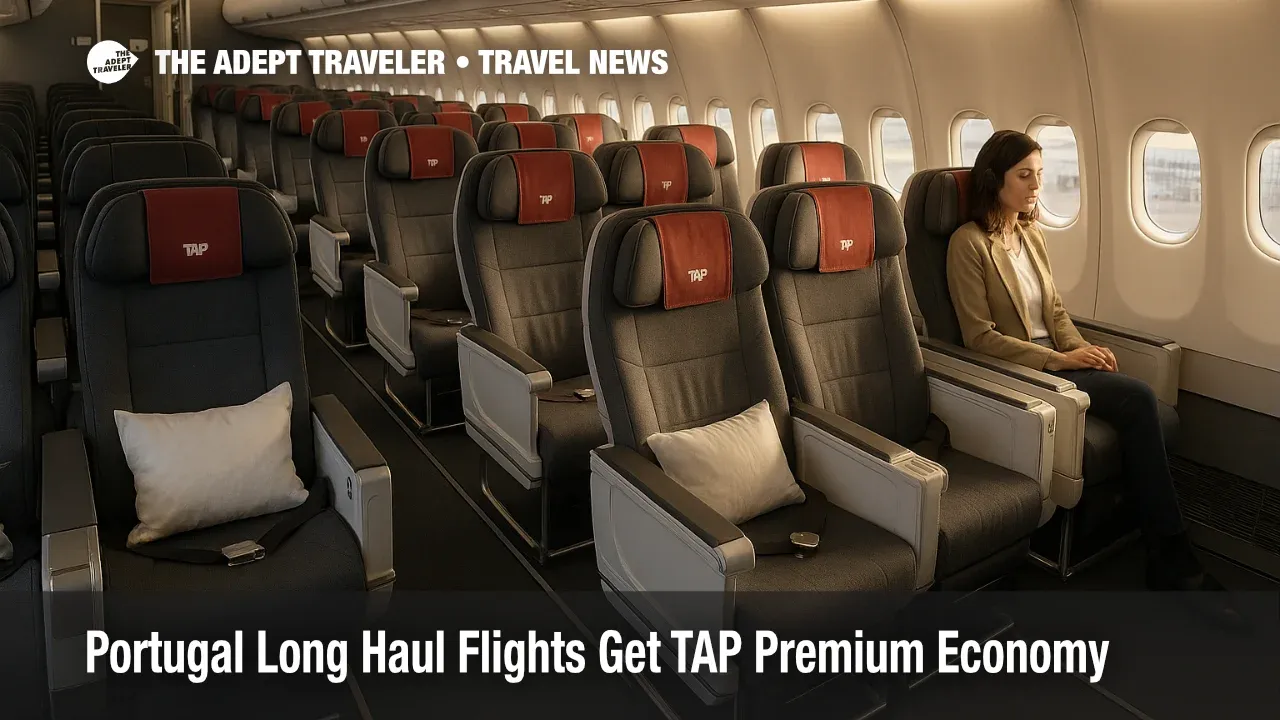 TAP premium economy long haul cabin on a TAP A330 at Lisbon Airport shows a small neighbor free section between business and economy with relaxed passengers.