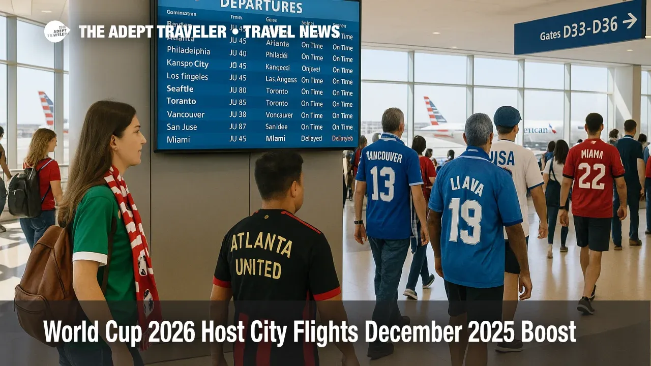 Fans in soccer jerseys wait at Dallas Fort Worth airport as World Cup 2026 host city flights board at nearby departure gates.