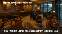 Travelers relax in the Chase Sapphire Lounge Las Vegas with views over the Terminal 1 concourse, using the new premium airport lounge before flights
